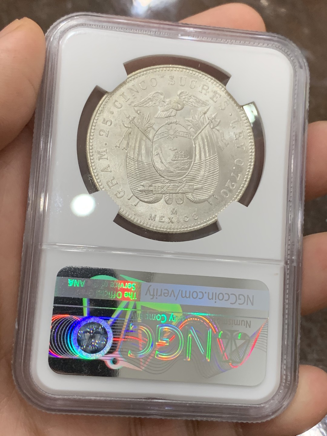 《竞宝斋》第116场-周日，周一 ，2场连拍（全场包邮） NGC MS64 厄瓜多尔1944年5苏克雷大银币