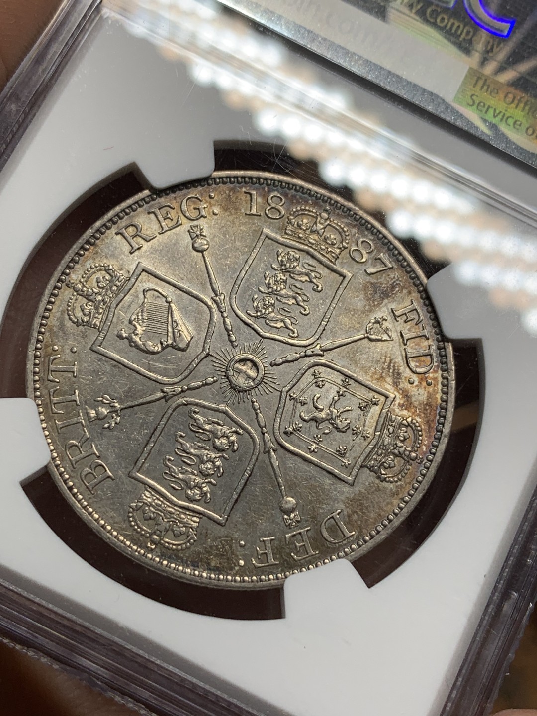 《竞宝斋》第116场-周日，周一 ，2场连拍（全场包邮） NGC AU58 英国1887年 维多利亚高冠双福林大银币 转光流畅，包浆浓厚，不可多得的高性价比美品