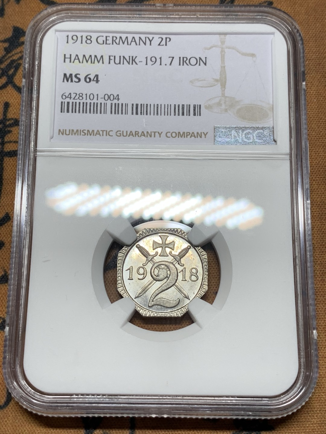《竞宝斋》第116场-周日，周一 ，2场连拍（全场包邮） NGC MS64 1918年德国 德紧哈姆市2芬尼铁币 镜面感超强