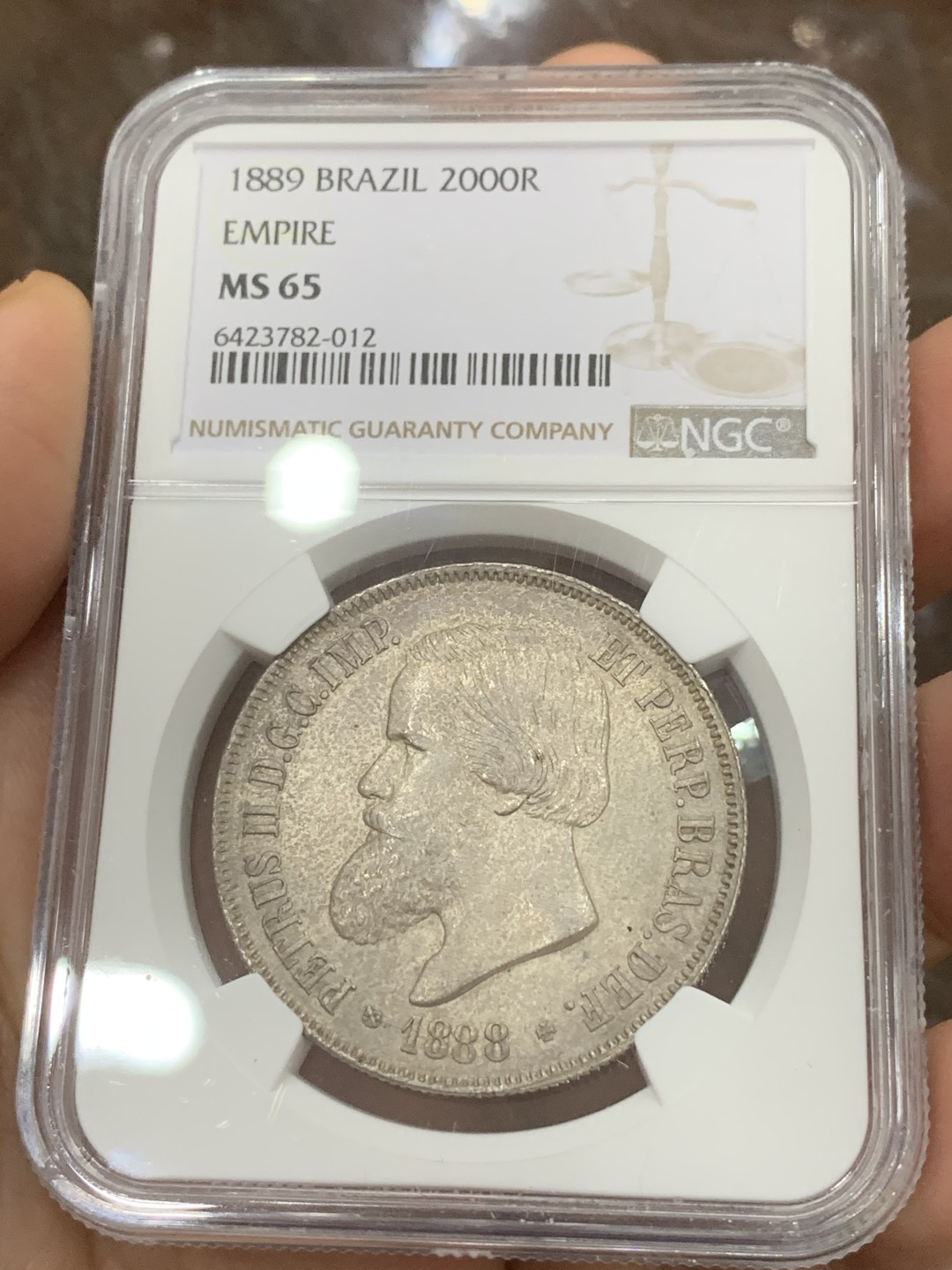 《竞宝斋》第116场-周日，周一 ，2场连拍（全场包邮） 亚军分 NGC-MS65 巴西1889年 佩德罗二世 2000R大银币 顶级好品