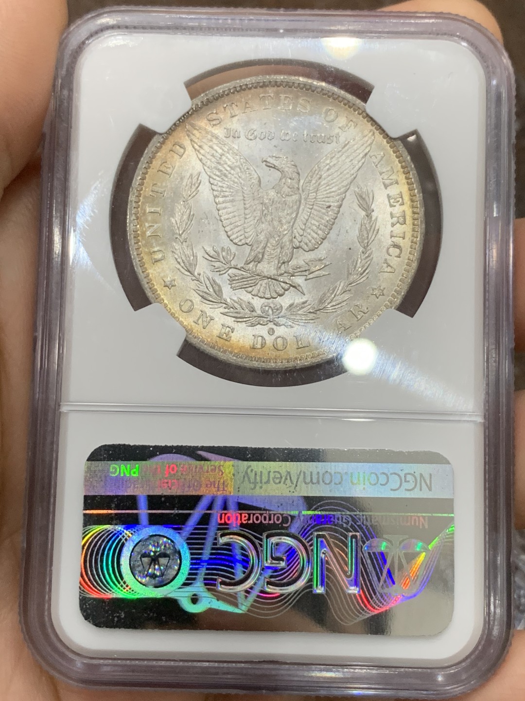 《竞宝斋》第116场-周日，周一 ，2场连拍（全场包邮） NGC-MS64 美国 1883年 摩根银币 女神面多色满彩 女神面下方深蓝小月牙 鹰面光 疑似卷首币