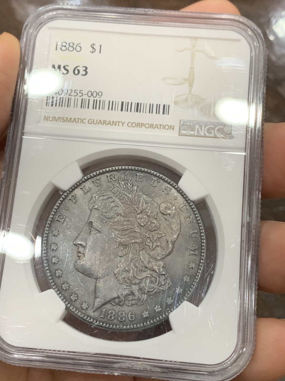 《竞宝斋》第116场-周日，周一 ，2场连拍（全场包邮） NGC-MS63 美国1886年 摩根银币 深绿彩包浆