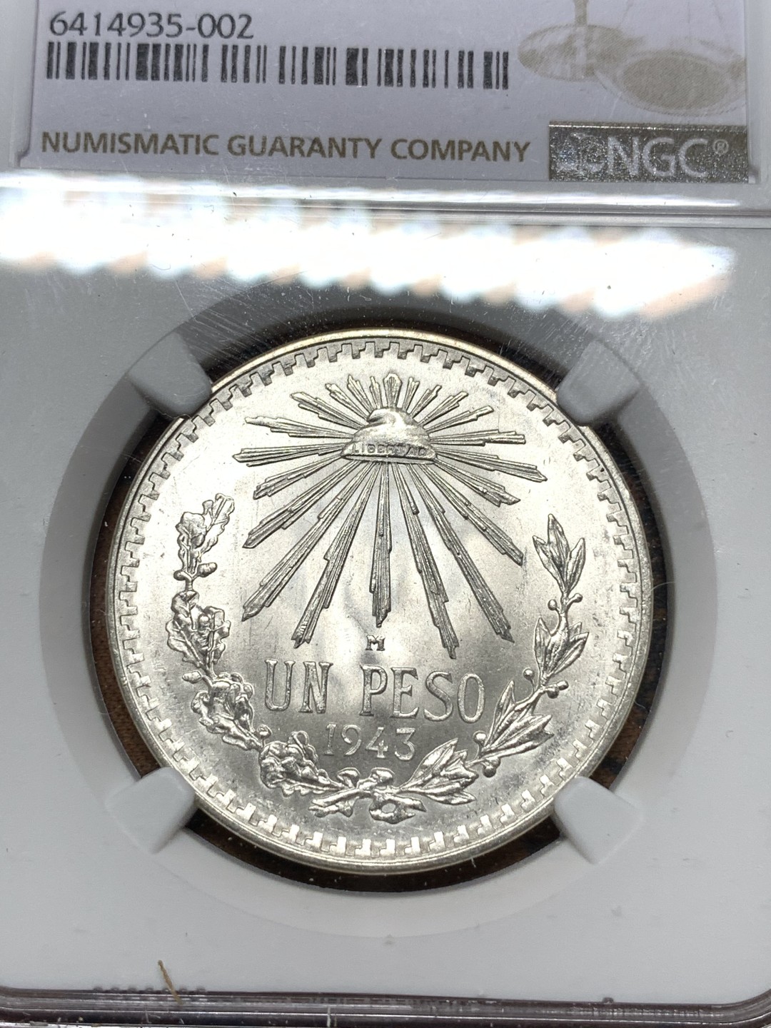 《竞宝斋》第116场-周日，周一 ，2场连拍（全场包邮） NGC MS63 墨西哥1943年1比索银币