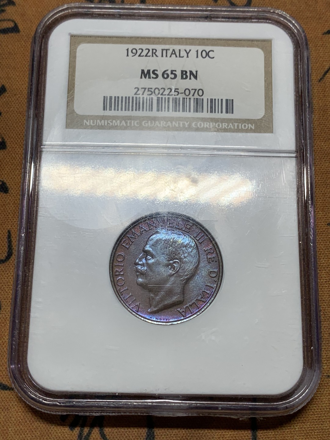 《竞宝斋》第116场-周日，周一 ，2场连拍（全场包邮） NGC MS65BN 意大利1922年国王伊曼纽尔三世头像10分铜币