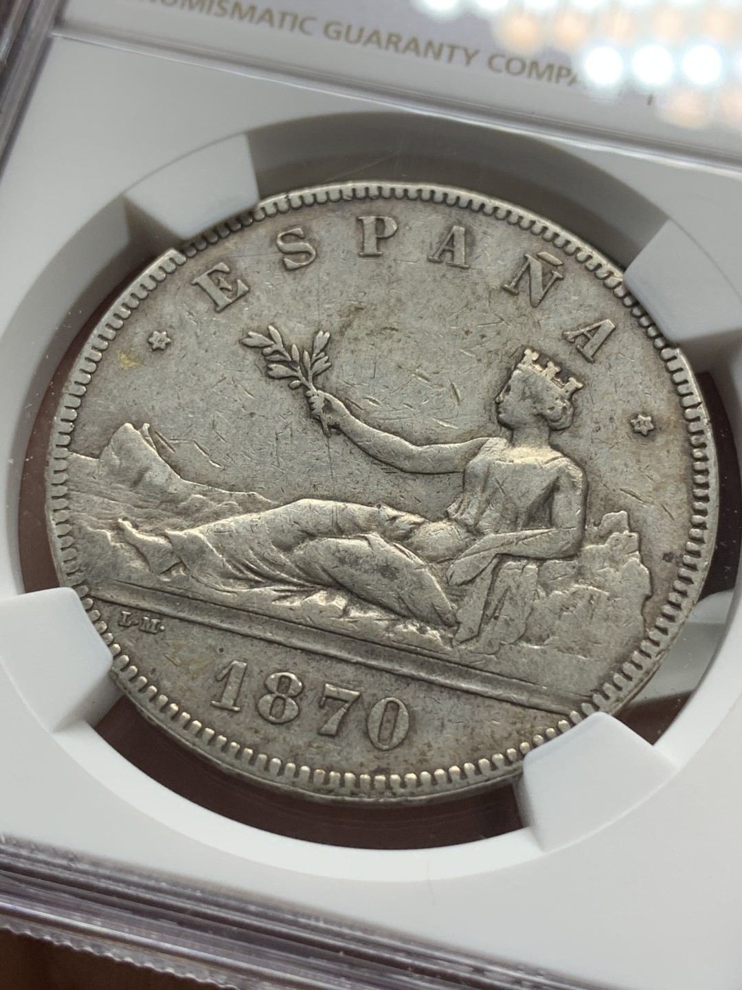 《竞宝斋》第116场-周日，周一 ，2场连拍（全场包邮） NGC-XF45 西班牙1870年 临时政府 5比塞塔拿花 双柱大银币 原味包浆