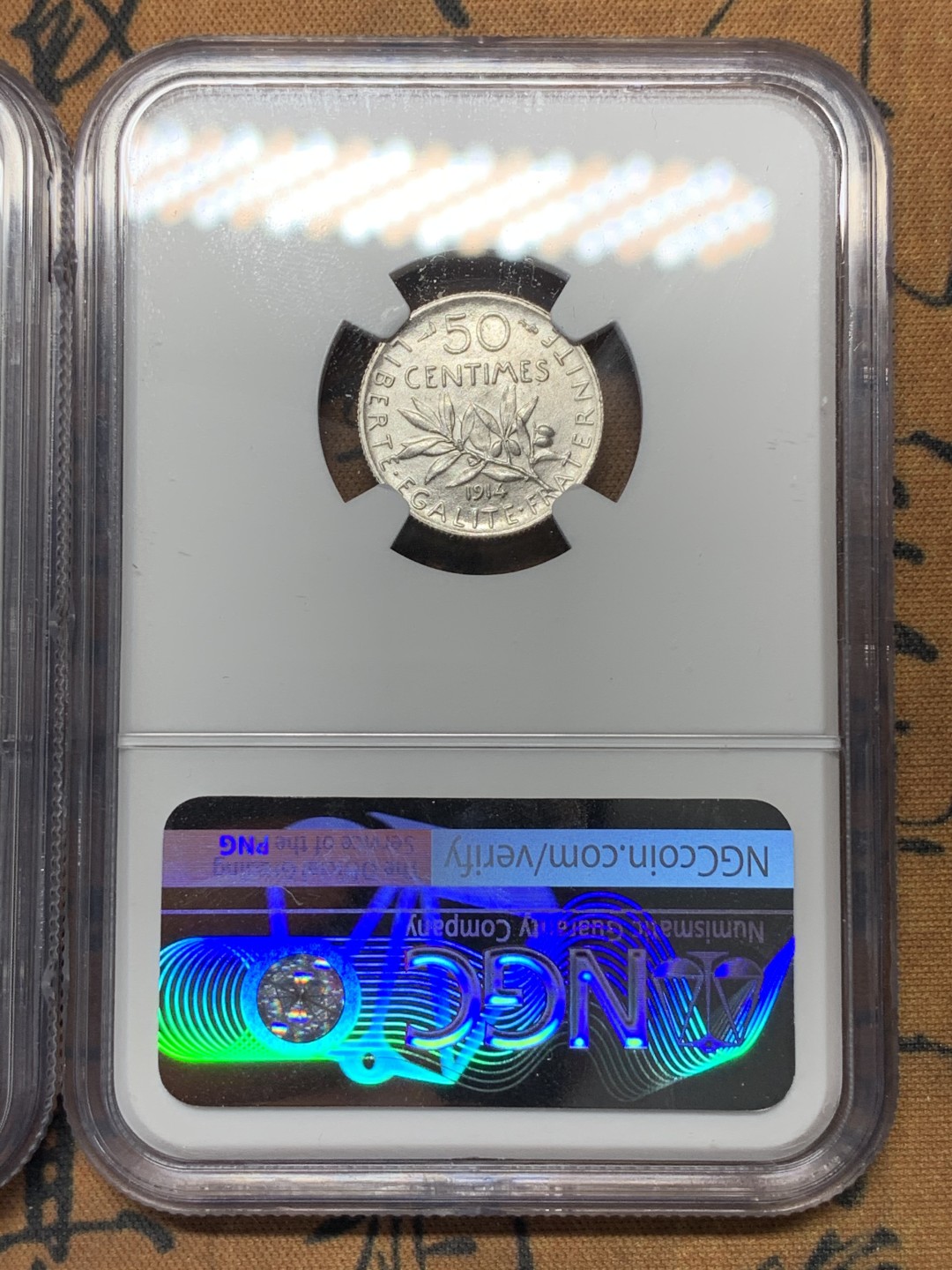 《竞宝斋》第116场-周日，周一 ，2场连拍（全场包邮） NGC MS62 法国1914年50分银币、1911年1法郎银币一对