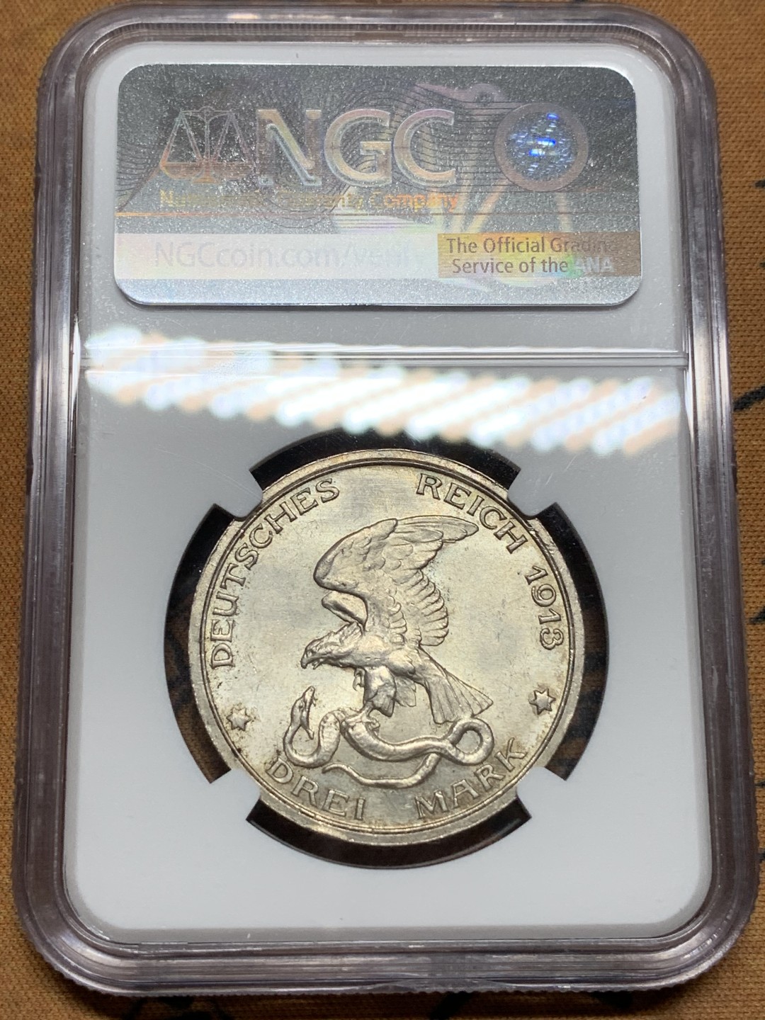 《竞宝斋》第116场-周日，周一 ，2场连拍（全场包邮） NGC-MS63 德国 1913年 3马克 普鲁士战胜拿破仑纪念A版  好光好状态