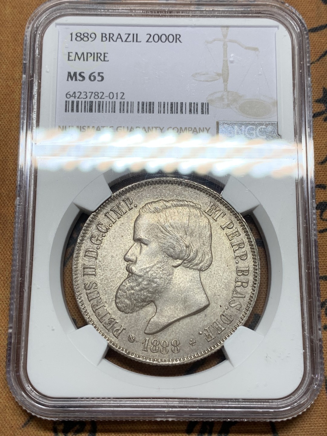 《竞宝斋》第116场-周日，周一 ，2场连拍（全场包邮） 亚军分 NGC-MS65 巴西1889年 佩德罗二世 2000R大银币 顶级好品