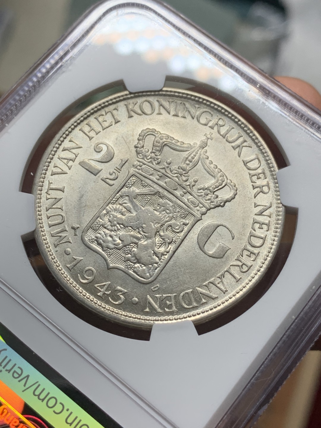 《竞宝斋》第116场-周日，周一 ，2场连拍（全场包邮） NGC-MS62 荷属东印度 1943年 女王头像 2.5盾大银币 原光好品 殖民地系列 