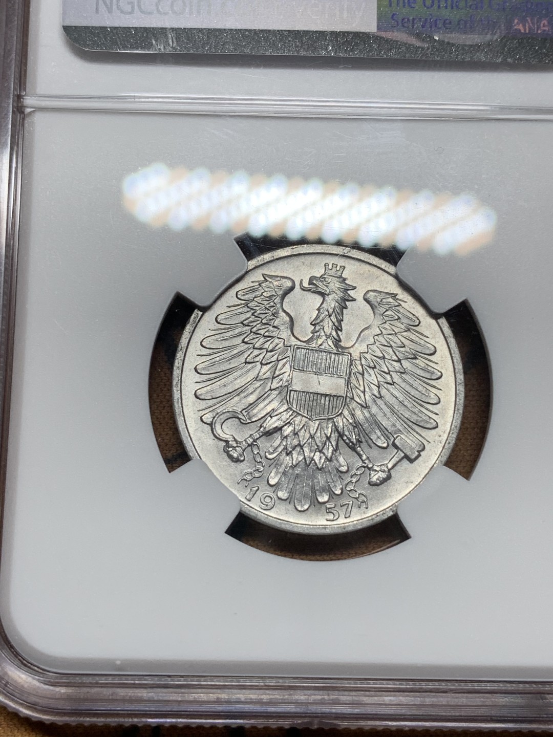 《竞宝斋》第116场-周日，周一 ，2场连拍（全场包邮） NGC-MS64冠军分 奥地利 1957年 裸男 播种 1先令铝币