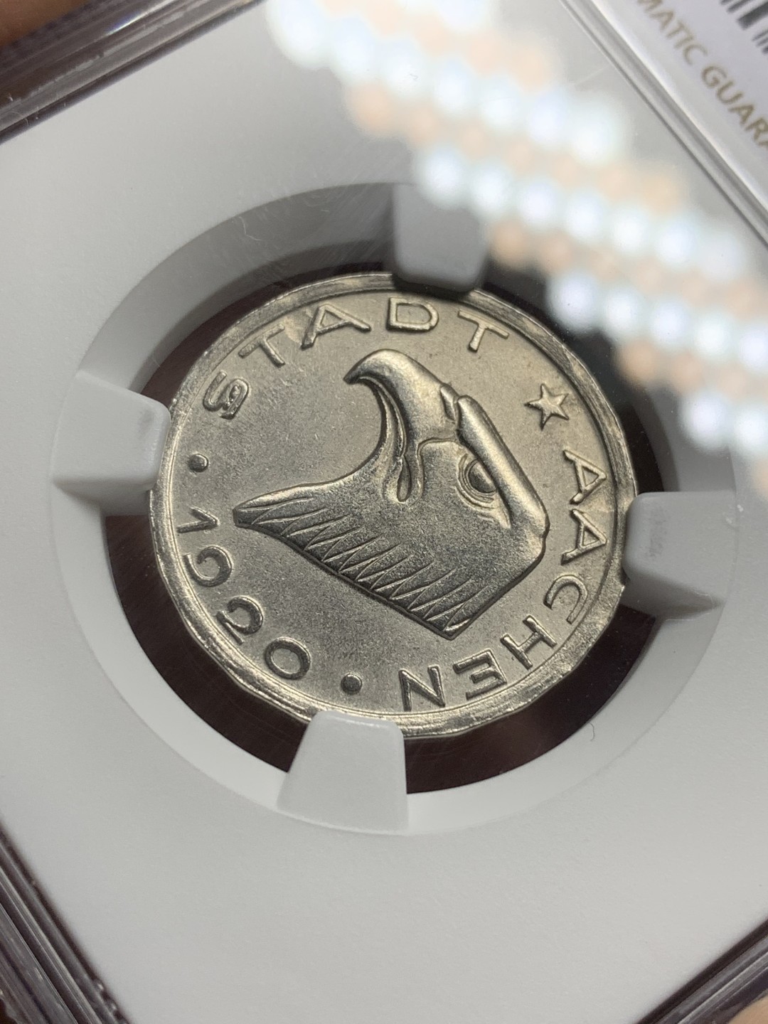 《竞宝斋》第116场-周日，周一 ，2场连拍（全场包邮） NGC MS62 1920年德国德紧时期亚琛鹰头50芬尼铁币