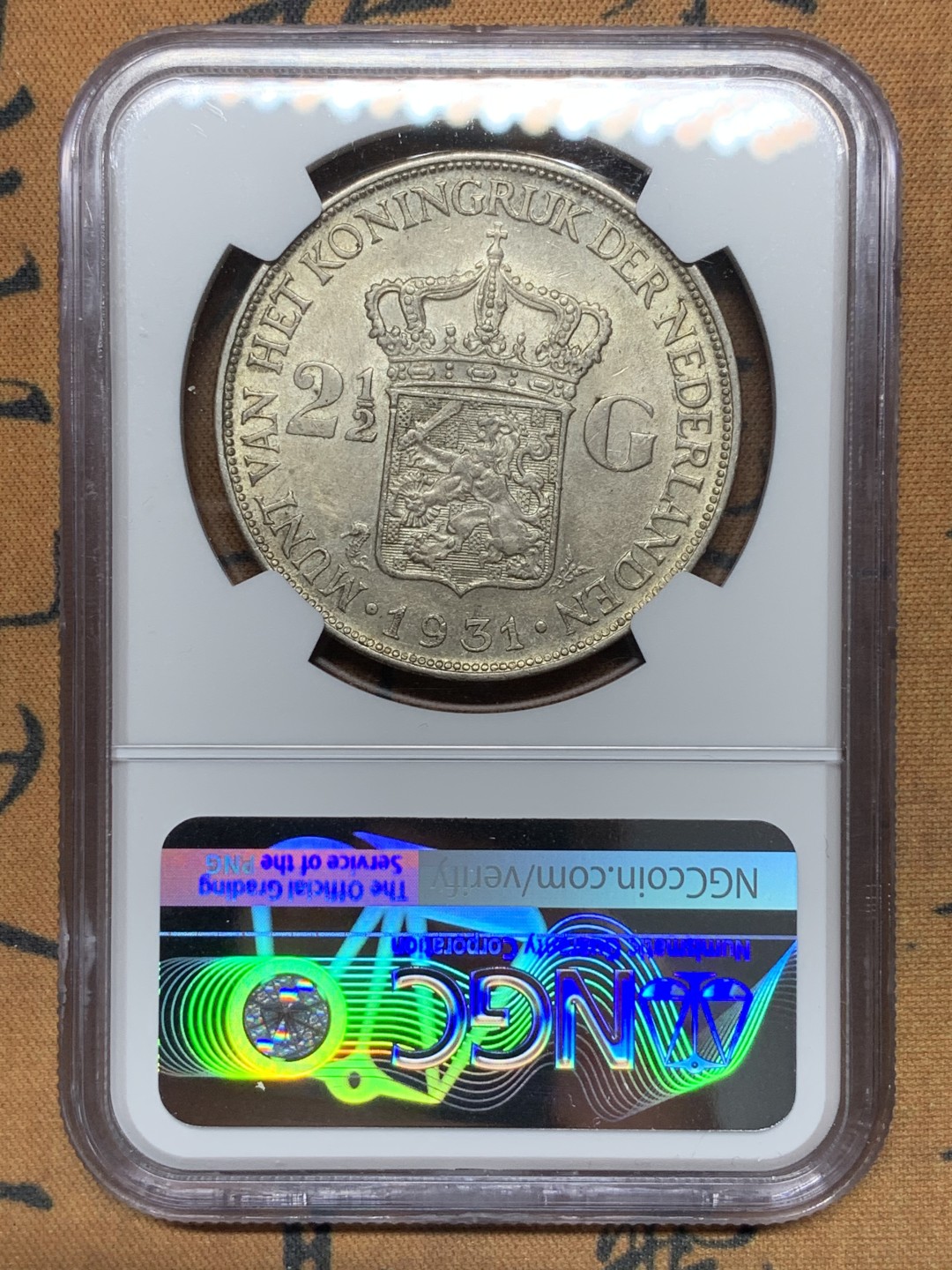 《竞宝斋》第116场-周日，周一 ，2场连拍（全场包邮） NGC-AU58 荷兰1931年 威廉米娜女王2.5盾大银币 原光好品