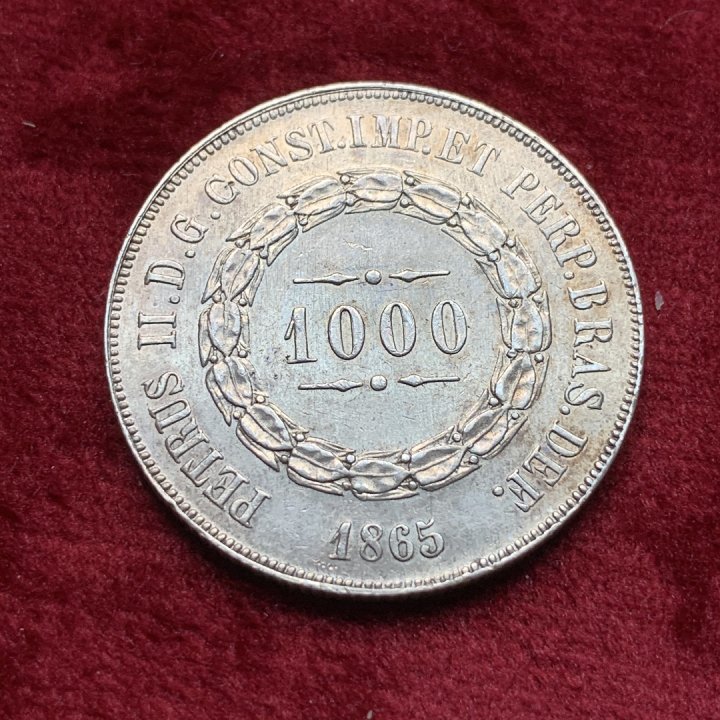 《竞宝斋》第116场-周日，周一 ，2场连拍（全场包邮） 巴西 1865年 1000瑞斯银币 12.76g好品状态