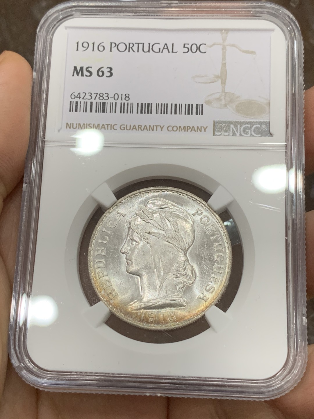 《竞宝斋》第116场-周日，周一 ，2场连拍（全场包邮） NGC-MS63 葡萄牙1916年 自由女神半圆银币 顶级车轮转光