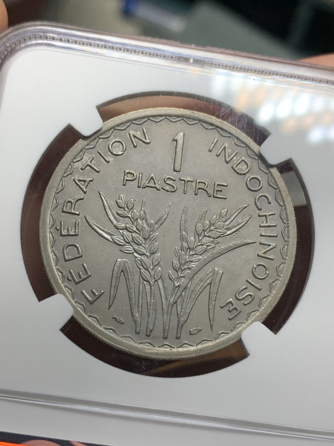 《竞宝斋》第116场-周日，周一 ，2场连拍（全场包邮） NGC-UNC 法属印支 1946年1皮亚斯特镍币 安全边设计，不是常见的齿边设计，十分稀少品种