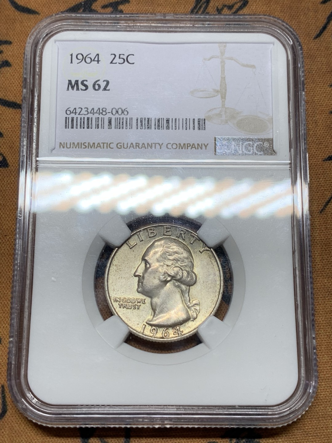 《竞宝斋》第116场-周日，周一 ，2场连拍（全场包邮） NGC MS62 美国 1964年 25美分 银币 早期品种 高银