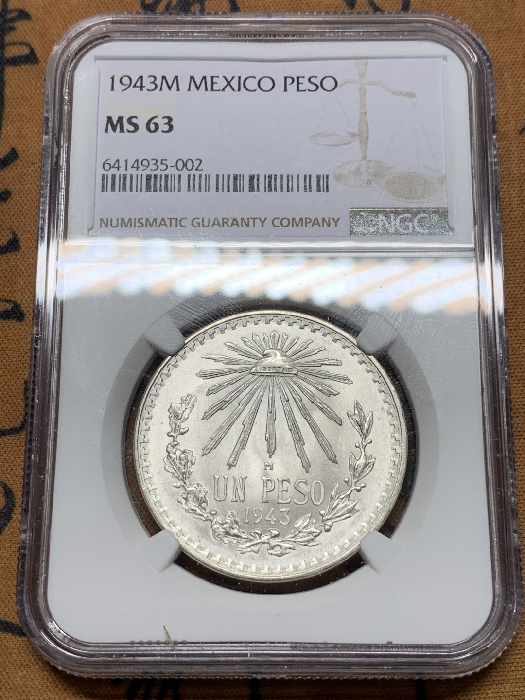 《竞宝斋》第116场-周日，周一 ，2场连拍（全场包邮） NGC MS63 墨西哥1943年1比索银币