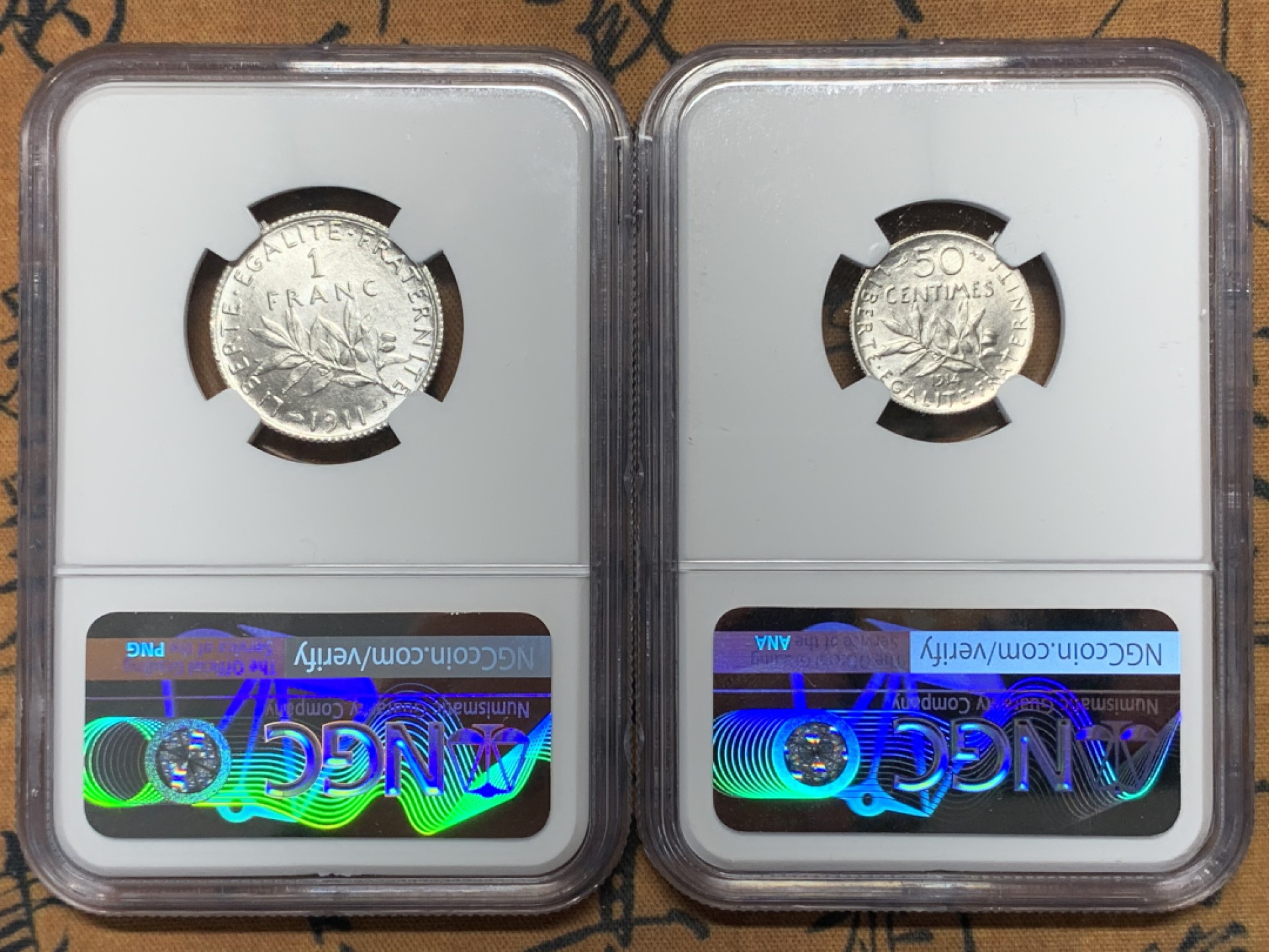 《竞宝斋》第116场-周日，周一 ，2场连拍（全场包邮） NGC MS62 法国1914年50分银币、1911年1法郎银币一对