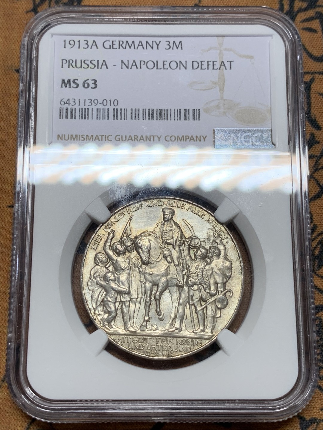 《竞宝斋》第116场-周日，周一 ，2场连拍（全场包邮） NGC-MS63 德国 1913年 3马克 普鲁士战胜拿破仑纪念A版  好光好状态