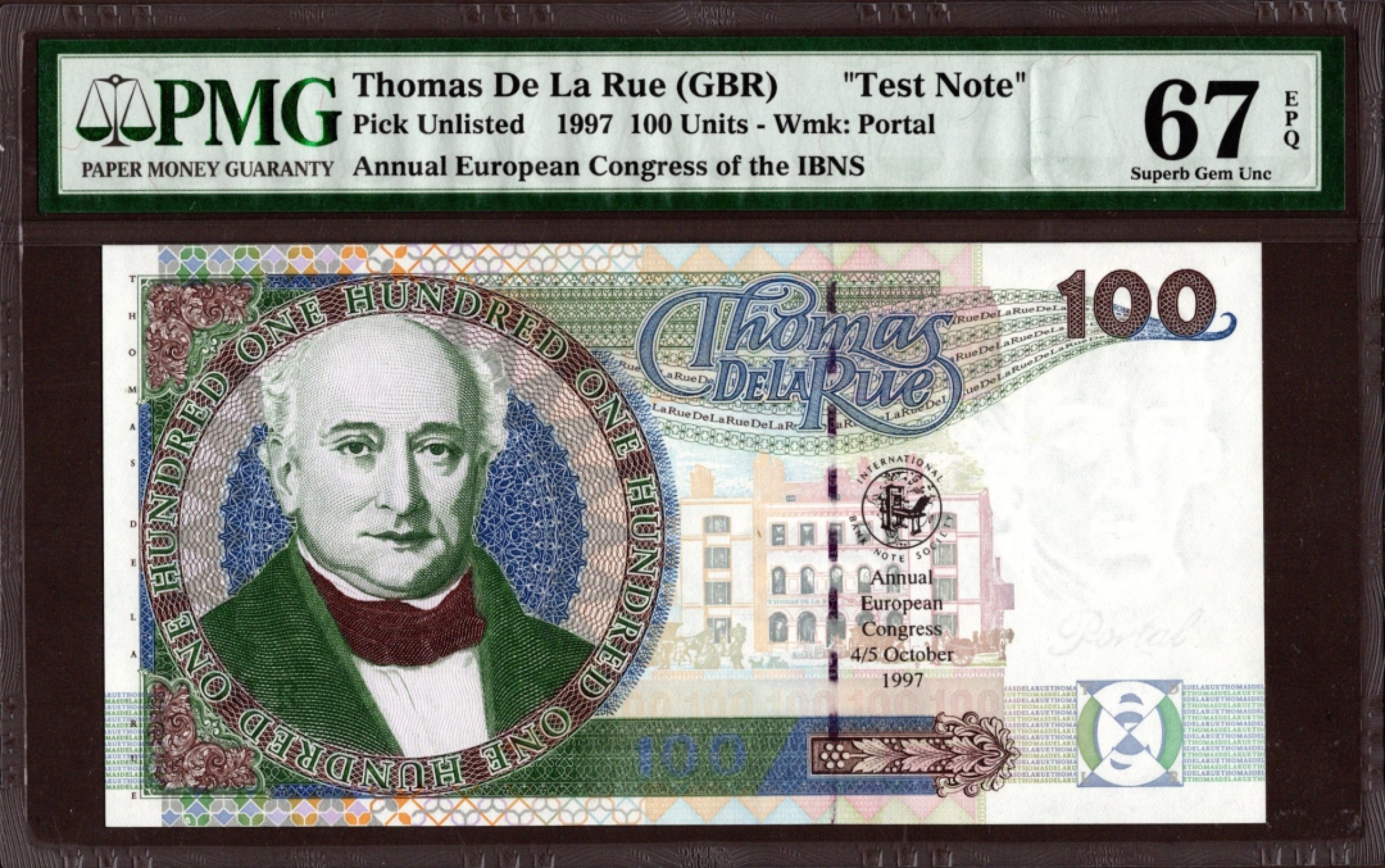 收藏联盟Quantum Auction 第208期拍卖(最后三拍新添测试钞评级币) 1997年英国德纳罗公司纪念测试钞-国际协会会议召开 测试钞 PMG67