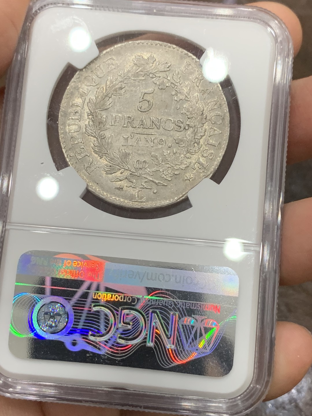 《竞宝斋》第116场-周日，周一 ，2场连拍（全场包邮） NGC AU50 法国LAN 9L法兰西第一共和国大力神5法郎银币 第三名