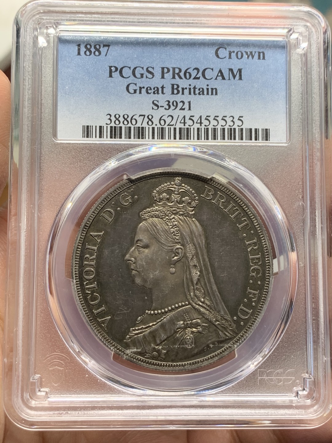 《竞宝斋》第116场-周日，周一 ，2场连拍（全场包邮） PCGS PR62CAM 英国1887年维多利亚五彩镜面高冠精制马剑一克朗银币，官网有大图CAM高浮雕涨价厉害