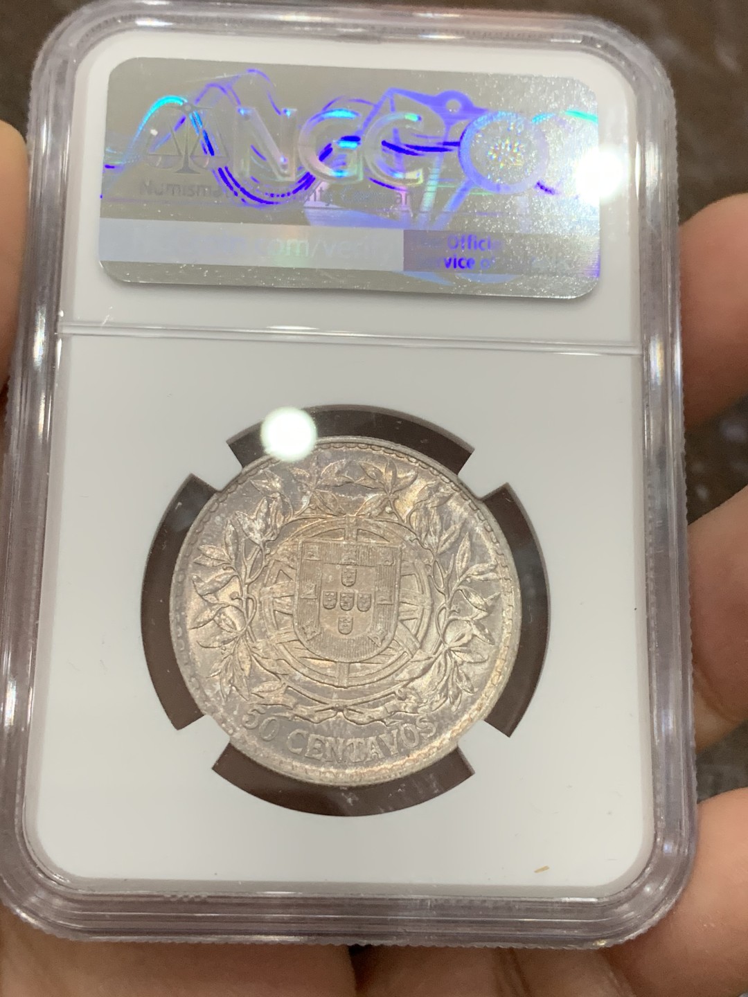 《竞宝斋》第116场-周日，周一 ，2场连拍（全场包邮） NGC-MS63 葡萄牙1916年 自由女神半圆银币 顶级车轮转光