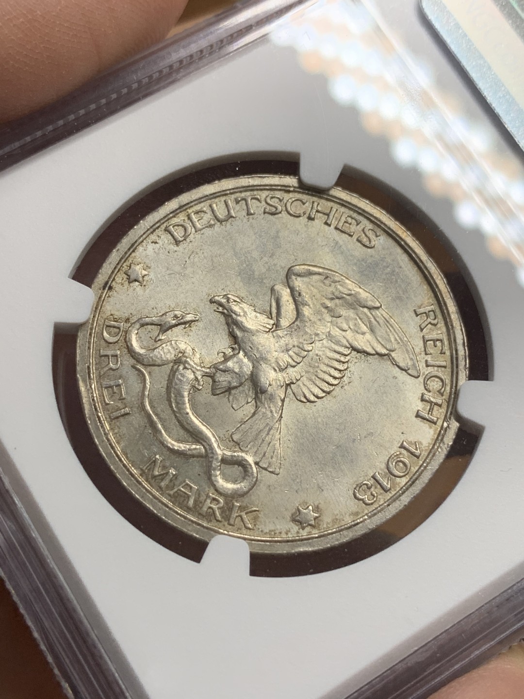 《竞宝斋》第116场-周日，周一 ，2场连拍（全场包邮） NGC-MS63 德国 1913年 3马克 普鲁士战胜拿破仑纪念A版  好光好状态