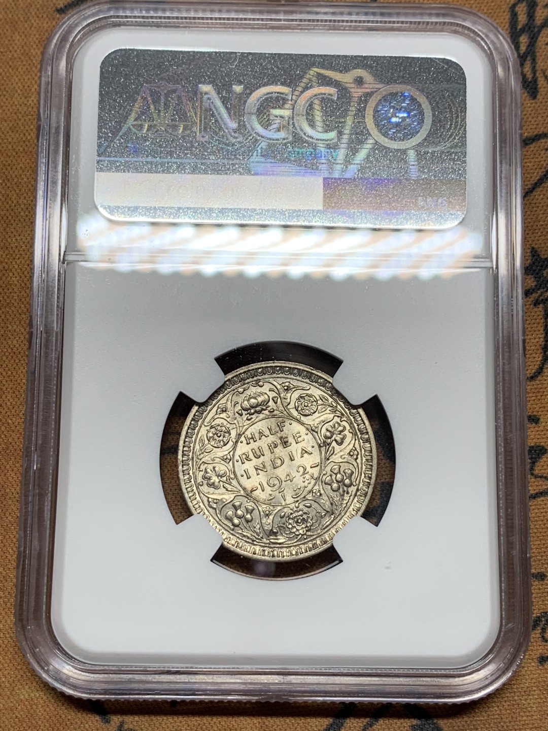 《竞宝斋》第116场-周日，周一 ，2场连拍（全场包邮） NGC MS63 英属印度1942年 乔治六世 半卢比银币 原光好品 小卢比好品不常见