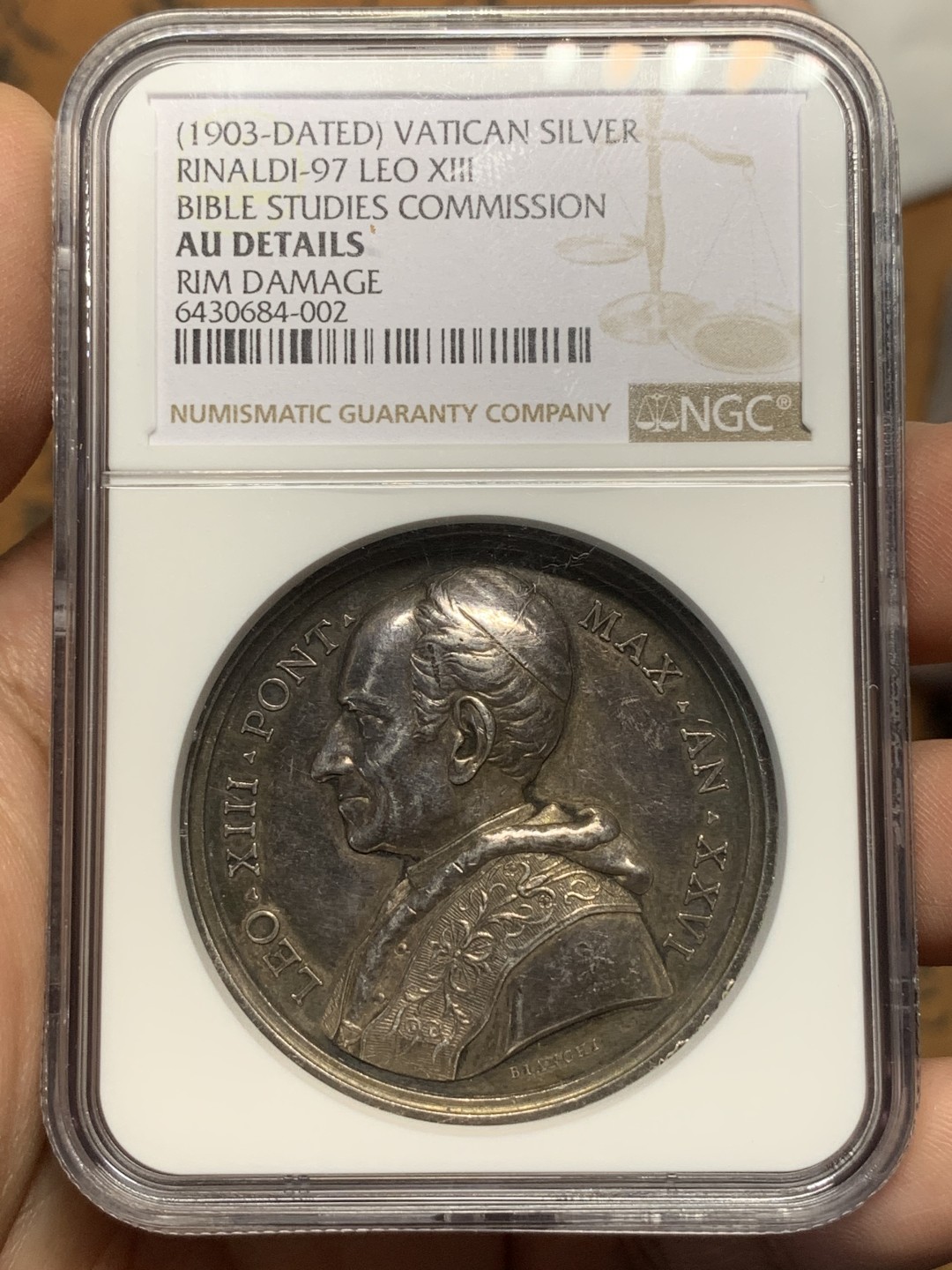 《竞宝斋》第116场-周日，周一 ，2场连拍（全场包邮） NGC-AUD 教皇国  耶稣和圣经的诞生纪念大银章 稀少品种 高浮雕 加厚盒