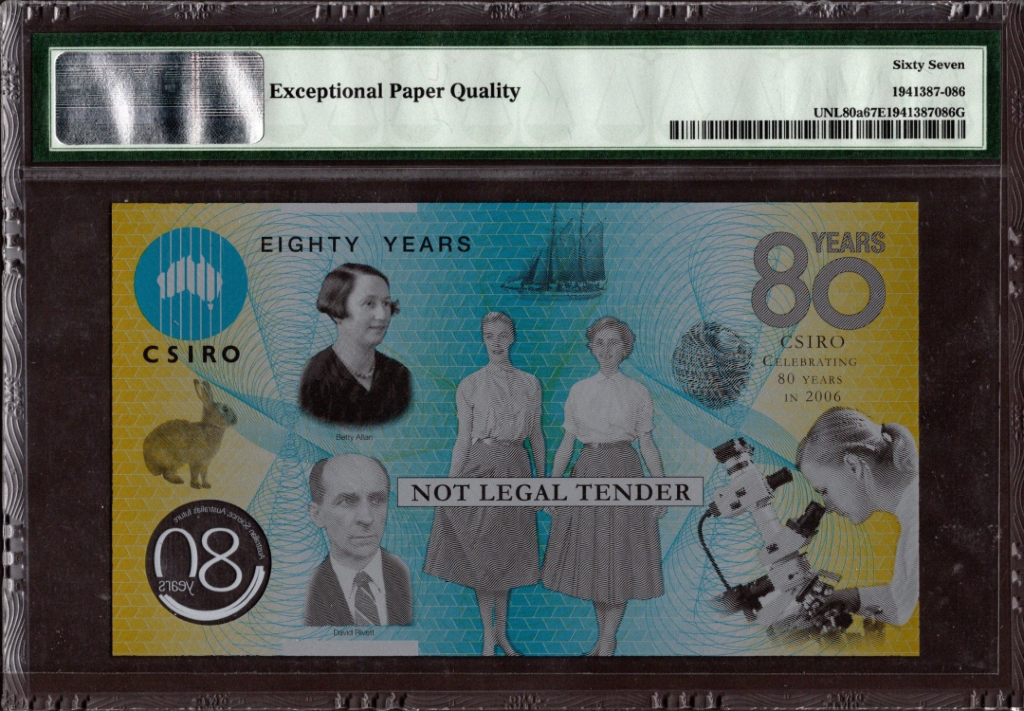 收藏联盟Quantum Auction 第208期拍卖(最后三拍新添测试钞评级币) 2006年澳大利亚CSIRO成立80周年纪念塑料测试钞 PMG67