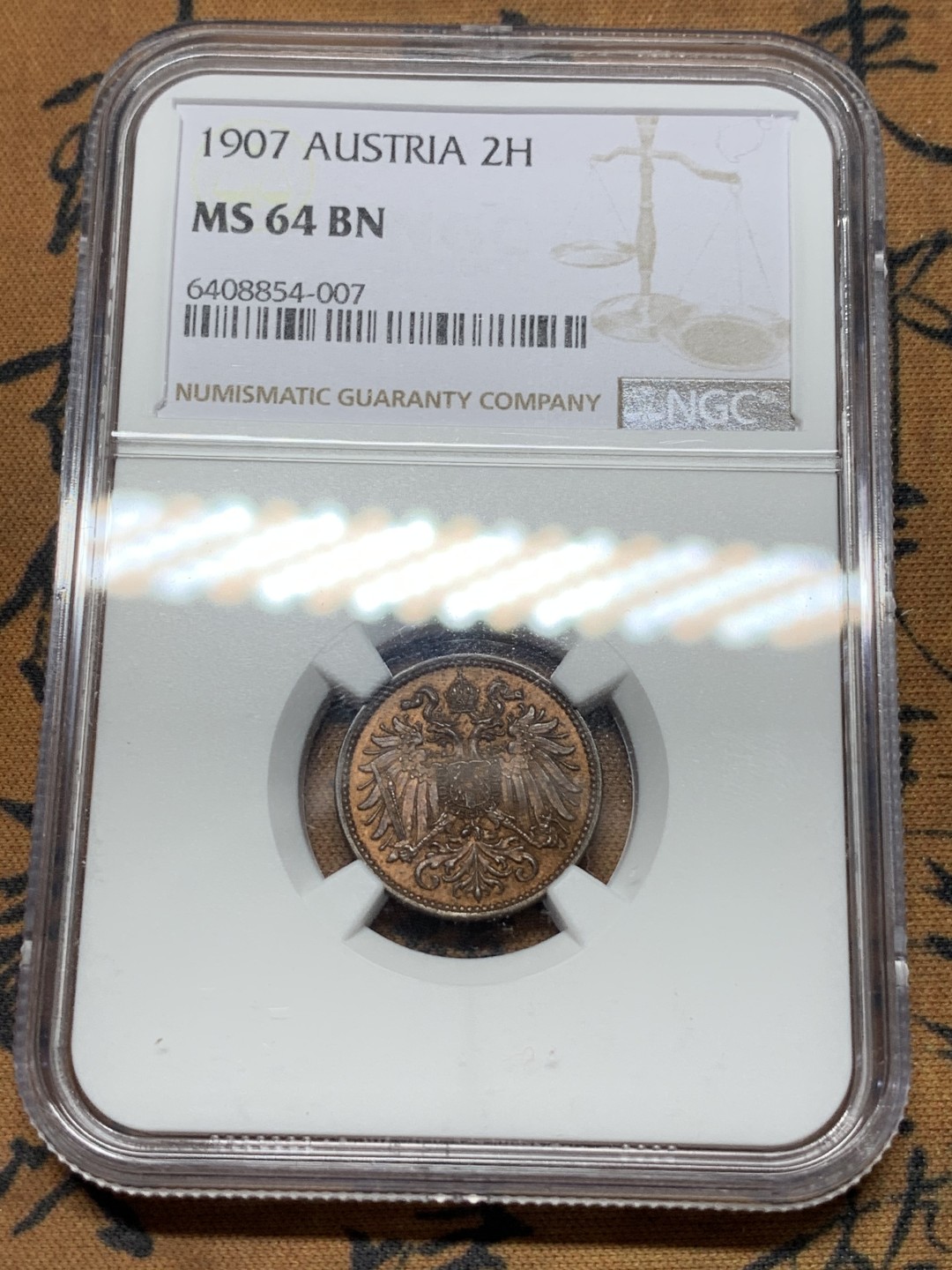 《竞宝斋》第116场-周日，周一 ，2场连拍（全场包邮） NGC MS64BN 奥地利1907年2赫勒铜币