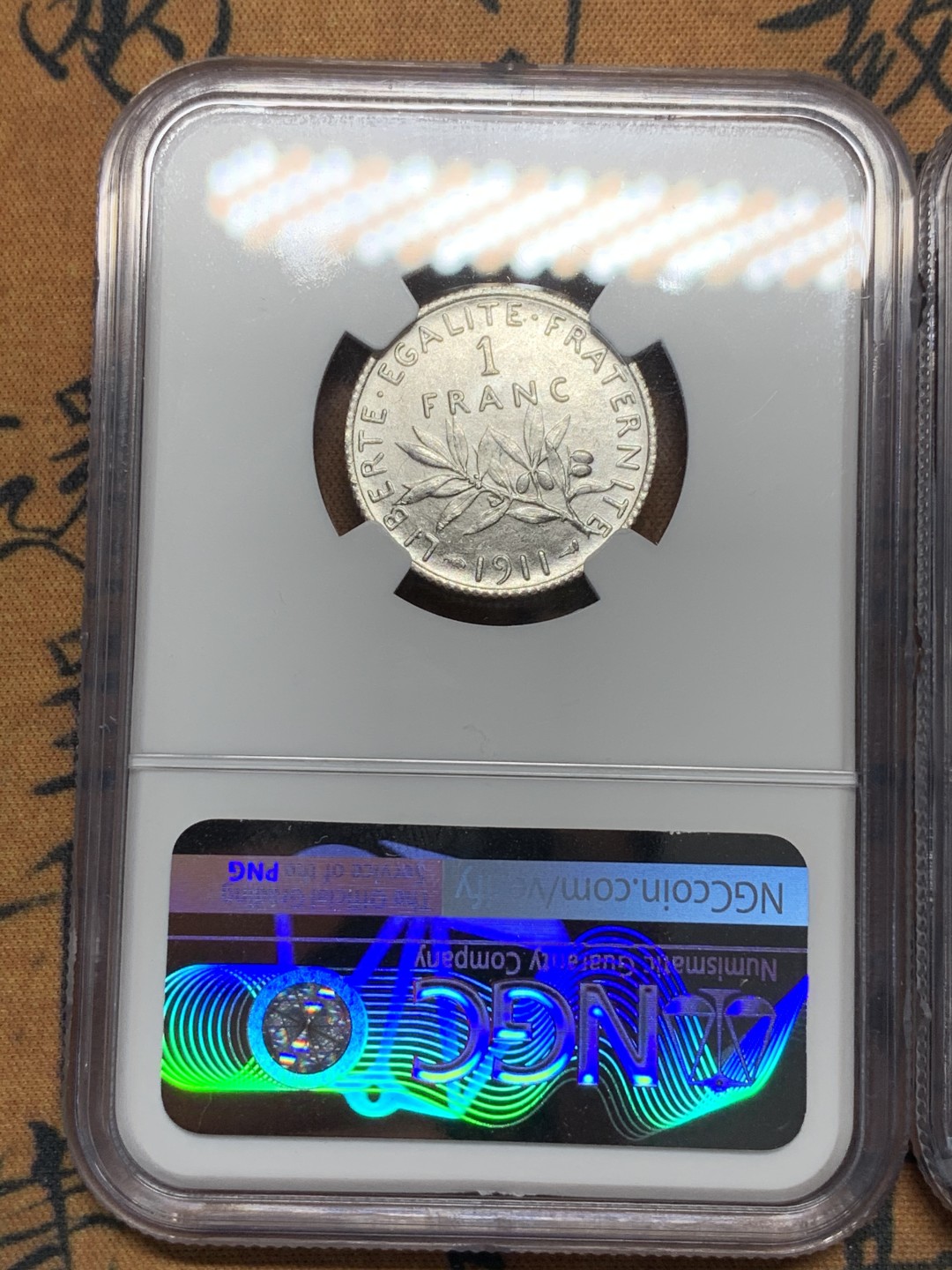 《竞宝斋》第116场-周日，周一 ，2场连拍（全场包邮） NGC MS62 法国1914年50分银币、1911年1法郎银币一对