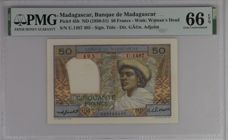 收藏联盟Quantum Auction 第209期拍卖 马达加斯加1950-51年50法郎 PMG66 冠军分 小丁香花 未加盖改值版稀少 