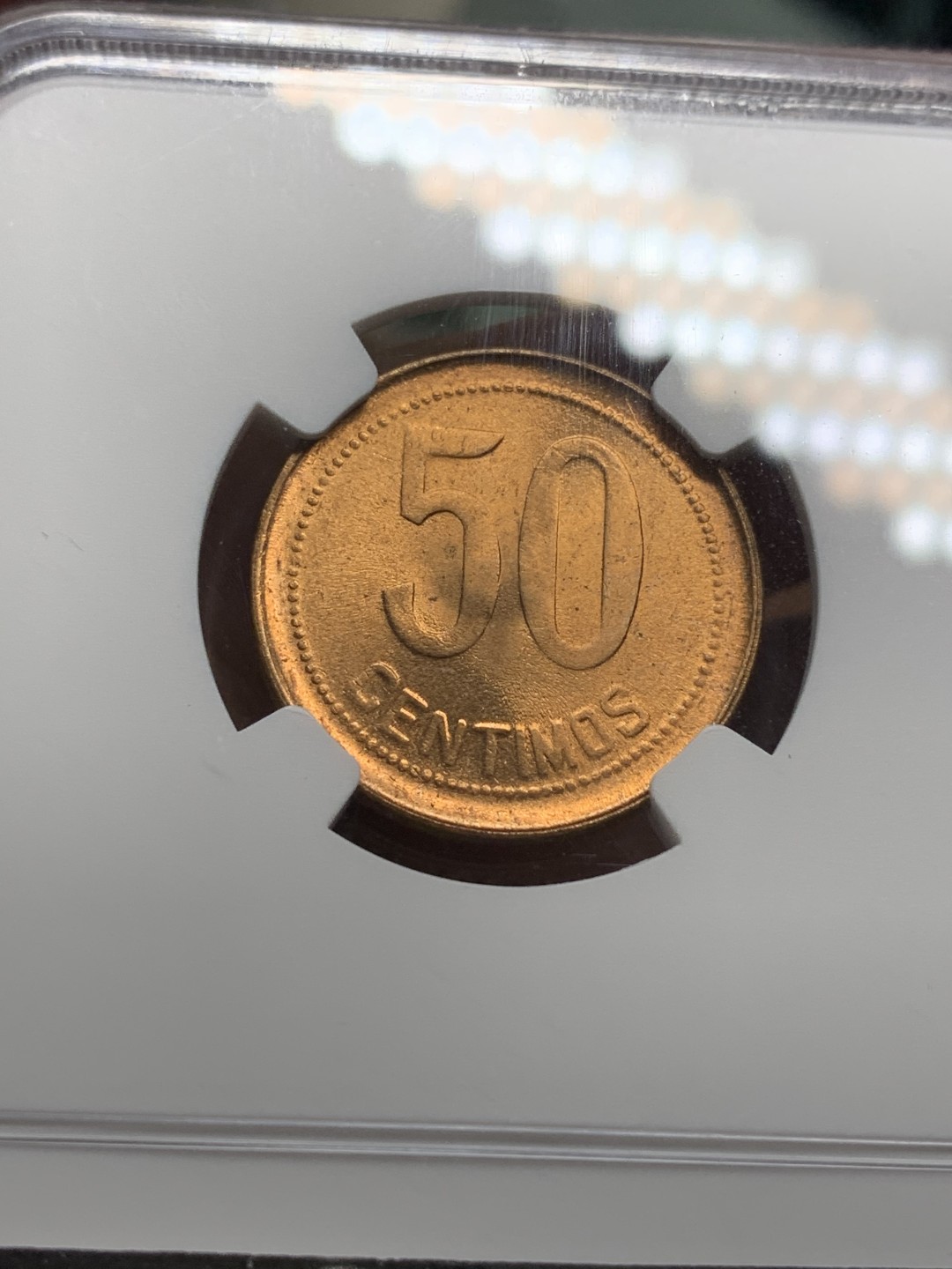 《竞宝斋》第116场-周日，周一 ，2场连拍（全场包邮） NGC-MS65RD 1937年 西班牙内战50分铜币，坐人女神。内战辅币，顶级分数，难得RD级别满铜光