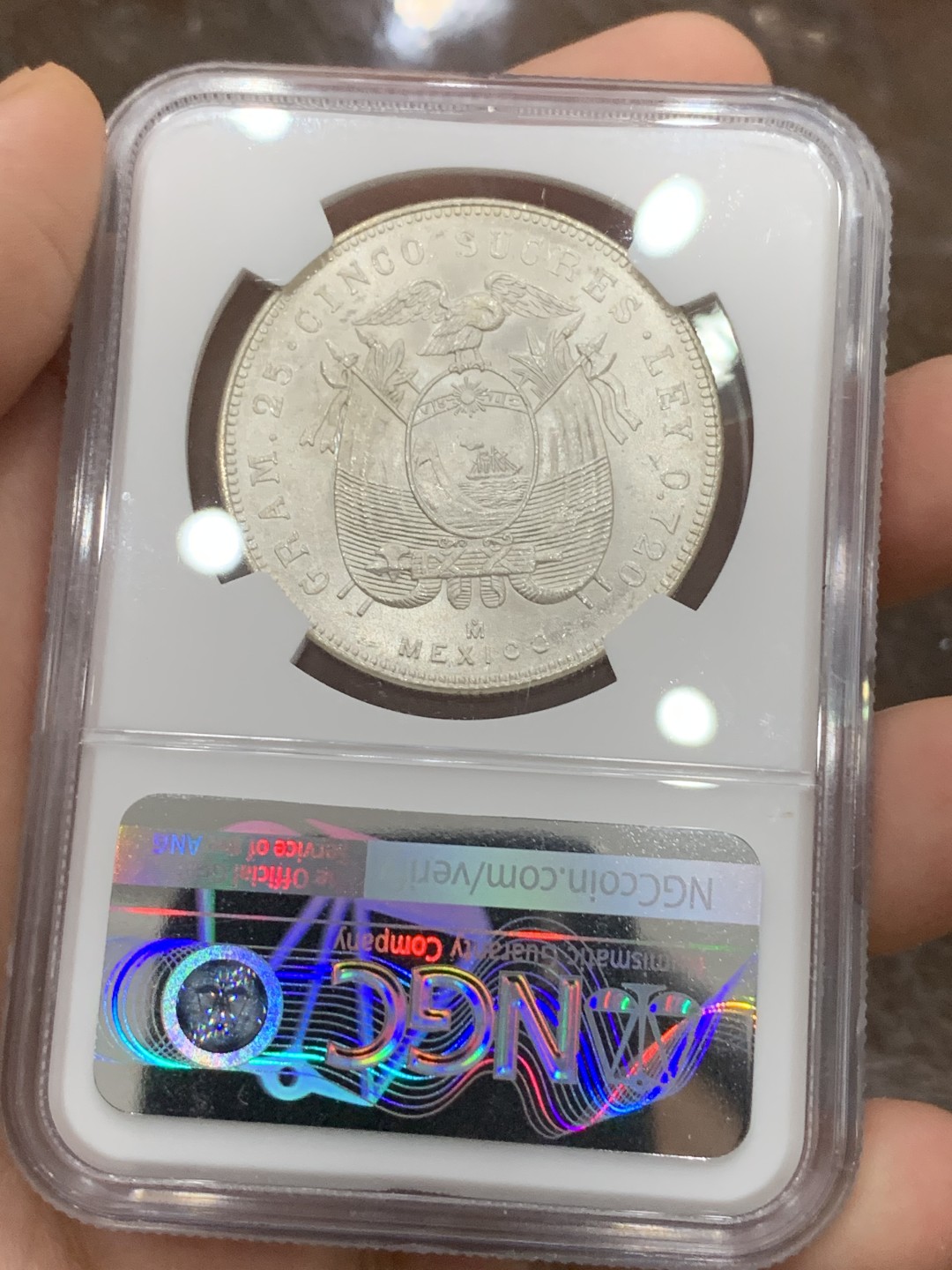 《竞宝斋》第116场-周日，周一 ，2场连拍（全场包邮） NGC MS64 厄瓜多尔1944年5苏克雷大银币