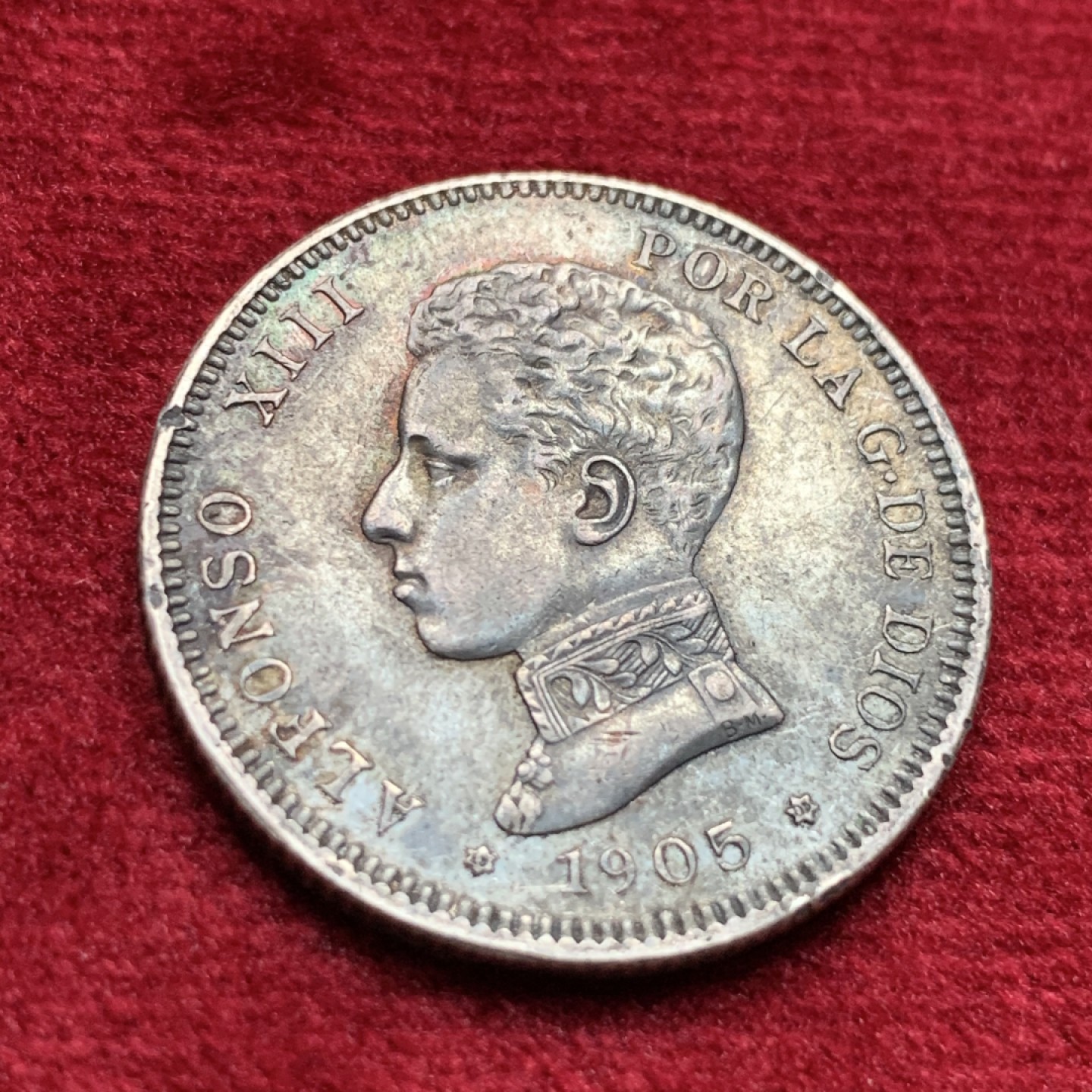 《竞宝斋》第116场-周日，周一 ，2场连拍（全场包邮） 西班牙，阿方索十三世1905年2比塞塔，超厚黑彩包浆，裸币把玩佳品