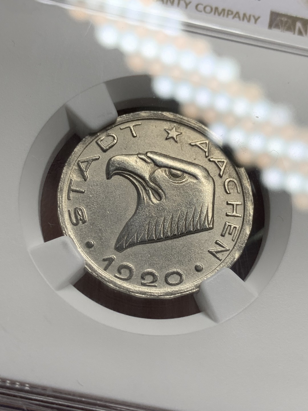 《竞宝斋》第116场-周日，周一 ，2场连拍（全场包邮） NGC MS62 1920年德国德紧时期亚琛鹰头50芬尼铁币