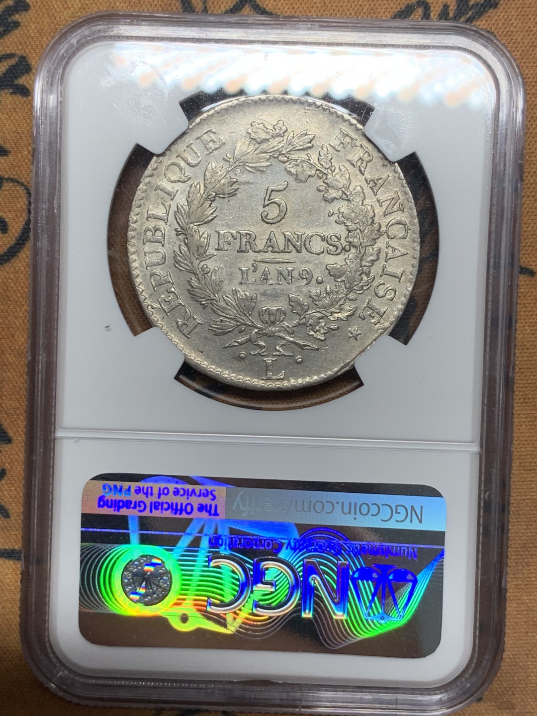 《竞宝斋》第116场-周日，周一 ，2场连拍（全场包邮） NGC AU50 法国LAN 9L法兰西第一共和国大力神5法郎银币 第三名