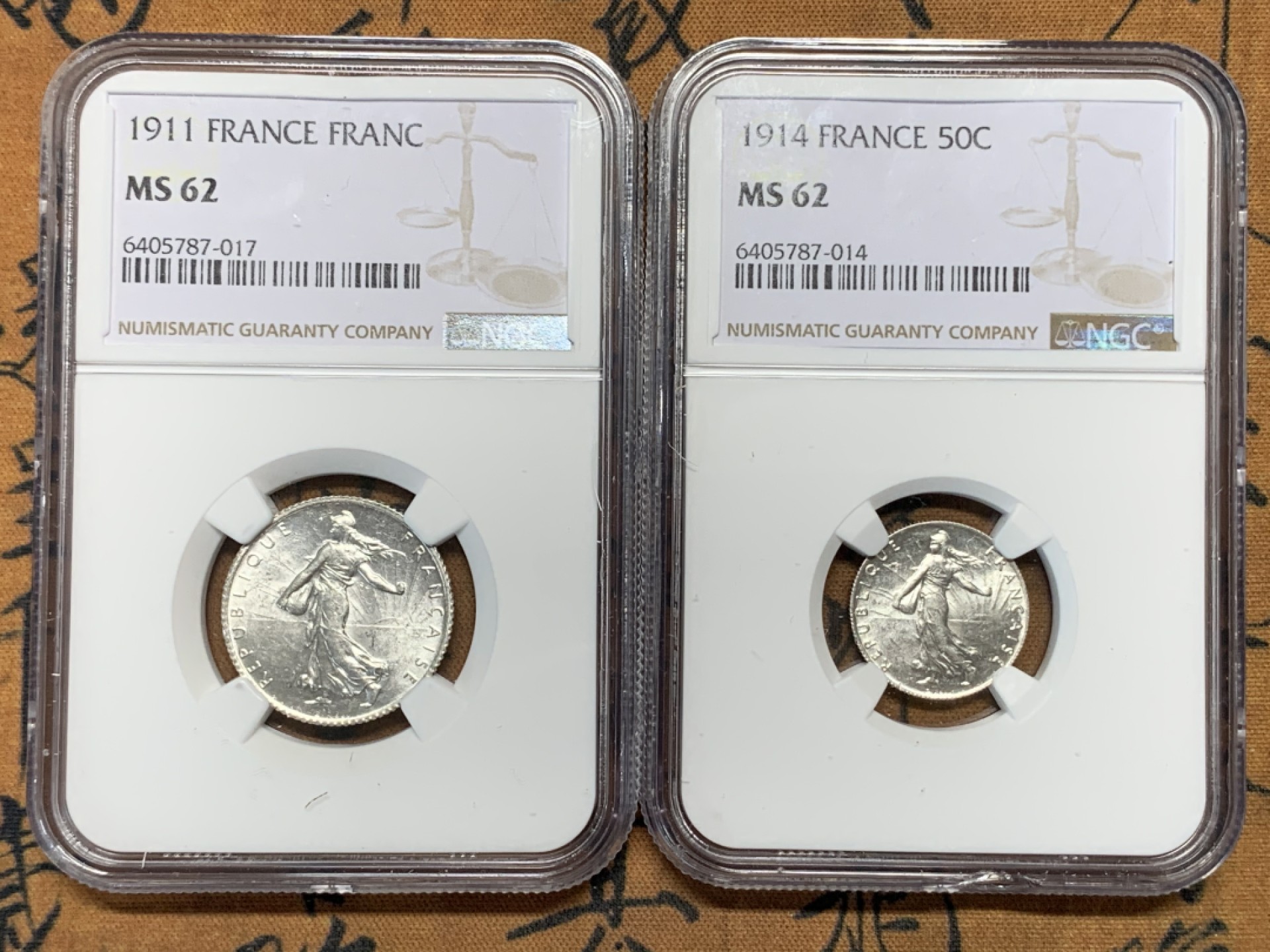 《竞宝斋》第116场-周日，周一 ，2场连拍（全场包邮） NGC MS62 法国1914年50分银币、1911年1法郎银币一对
