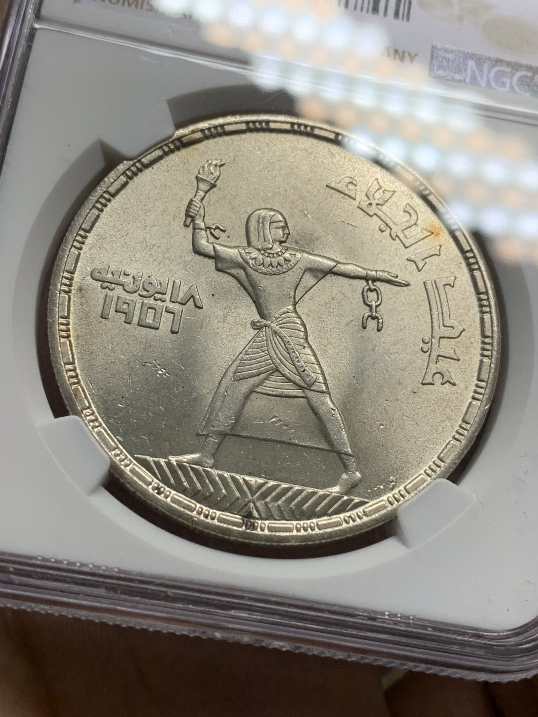 《竞宝斋》第116场-周日，周一 ，2场连拍（全场包邮） NGC-MS63 埃及1956年 自由战士50皮亚斯特雷 顶级原光大银币 非常漂亮