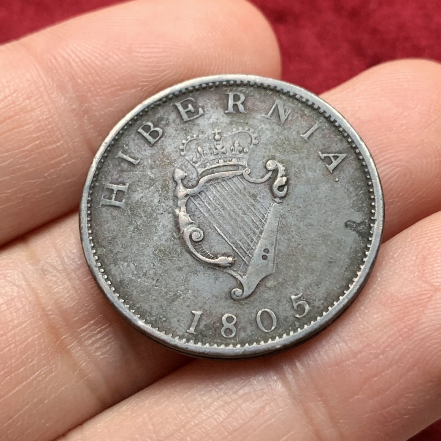 《竞宝斋》第116场-周日，周一 ，2场连拍（全场包邮） 爱尔兰 1805年 乔治三世 半便士 铜币 竖琴乔三 比较少的品种 特殊的边齿工艺 非常好