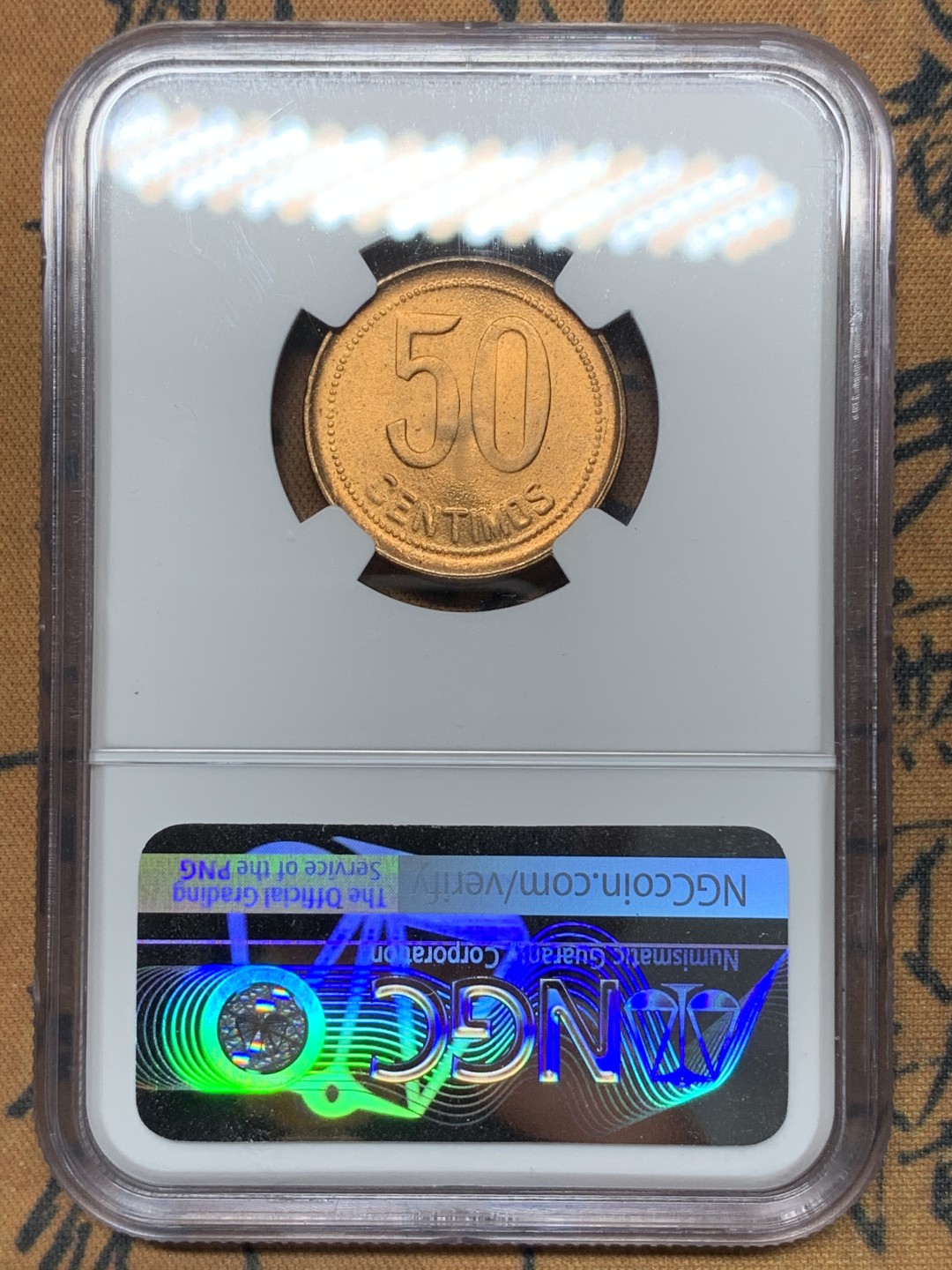 《竞宝斋》第116场-周日，周一 ，2场连拍（全场包邮） NGC-MS65RD 1937年 西班牙内战50分铜币，坐人女神。内战辅币，顶级分数，难得RD级别满铜光