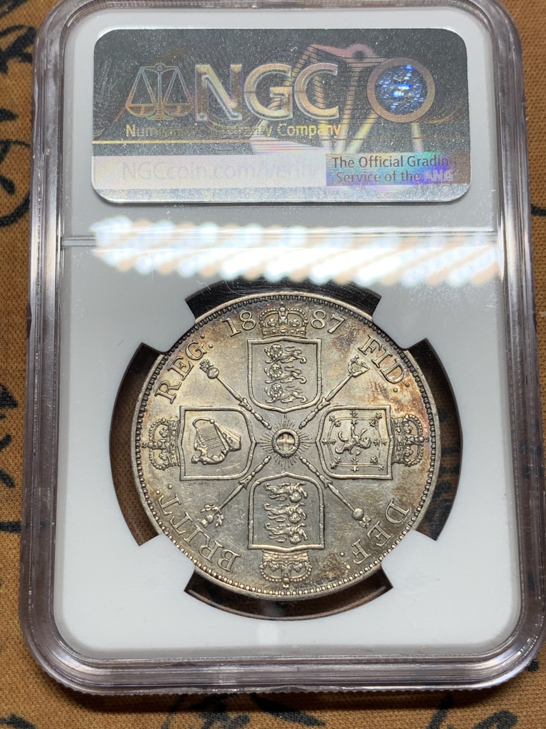 《竞宝斋》第116场-周日，周一 ，2场连拍（全场包邮） NGC AU58 英国1887年 维多利亚高冠双福林大银币 转光流畅，包浆浓厚，不可多得的高性价比美品