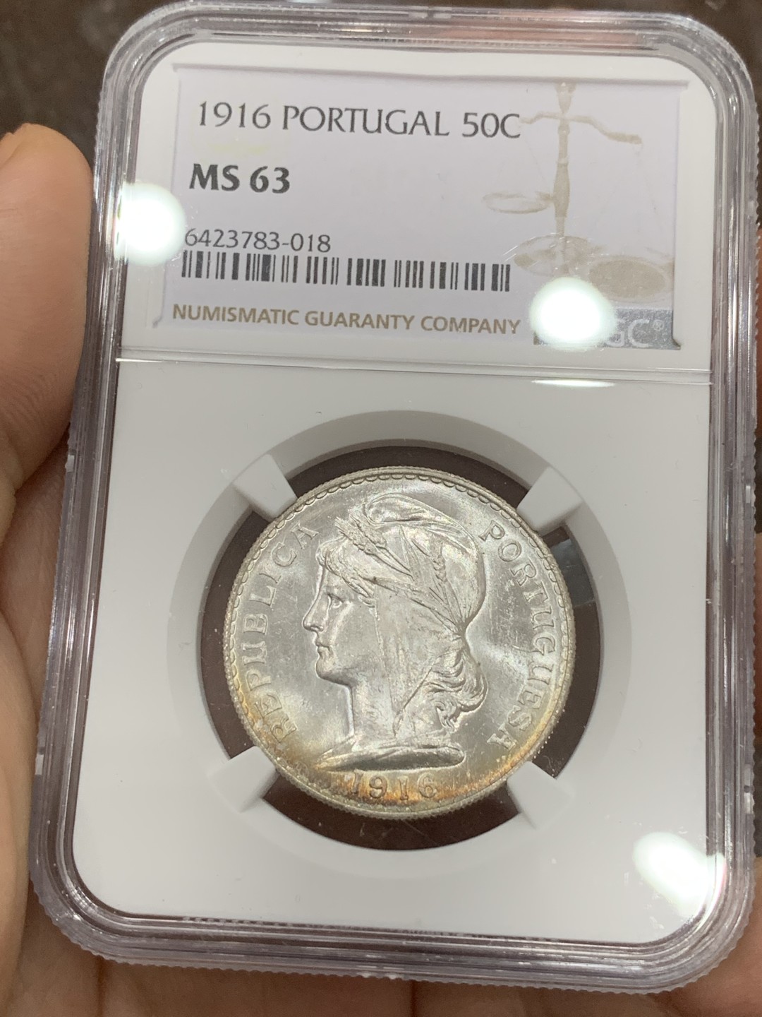 《竞宝斋》第116场-周日，周一 ，2场连拍（全场包邮） NGC-MS63 葡萄牙1916年 自由女神半圆银币 顶级车轮转光