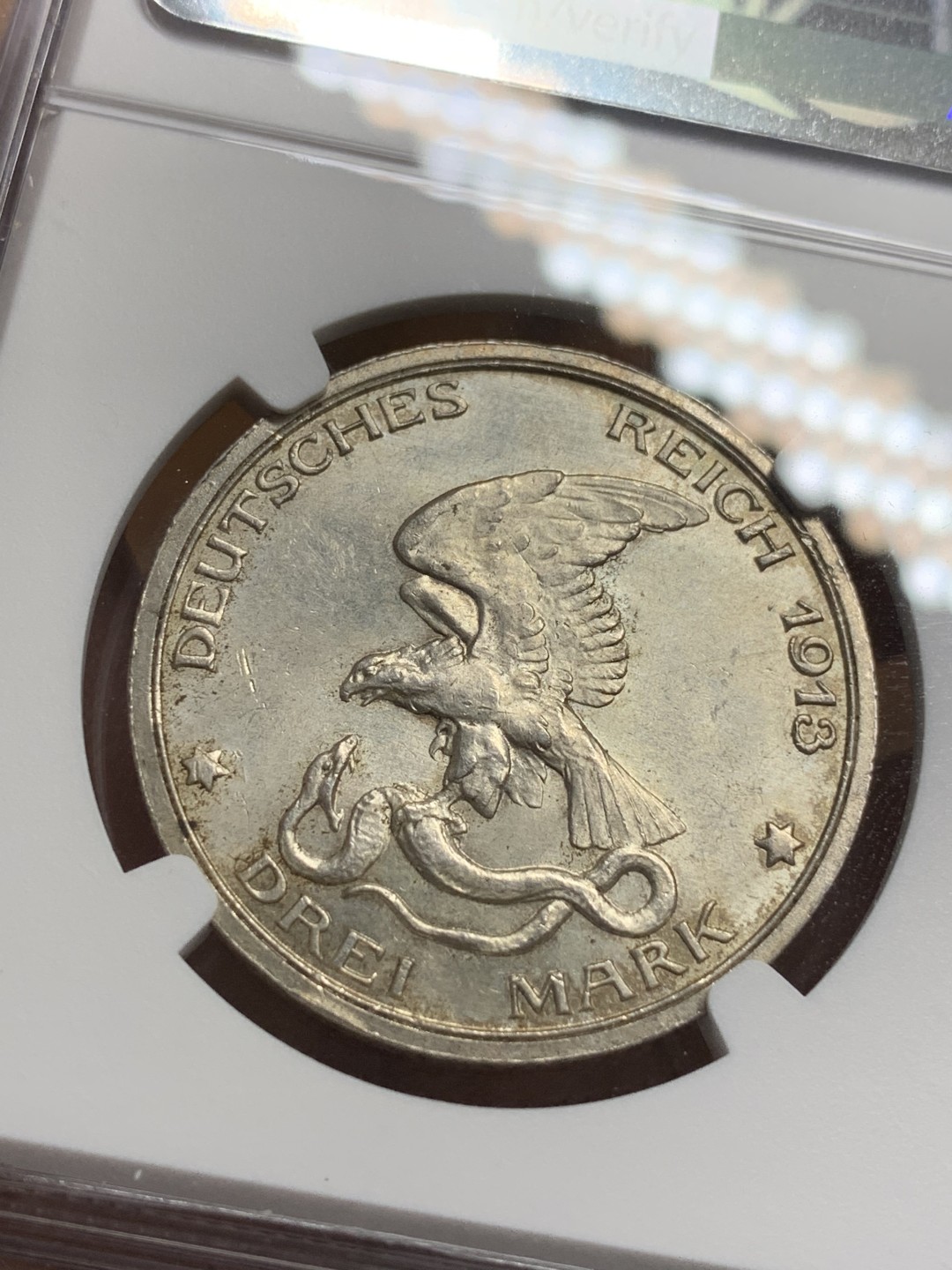 《竞宝斋》第116场-周日，周一 ，2场连拍（全场包邮） NGC-MS63 德国 1913年 3马克 普鲁士战胜拿破仑纪念A版  好光好状态