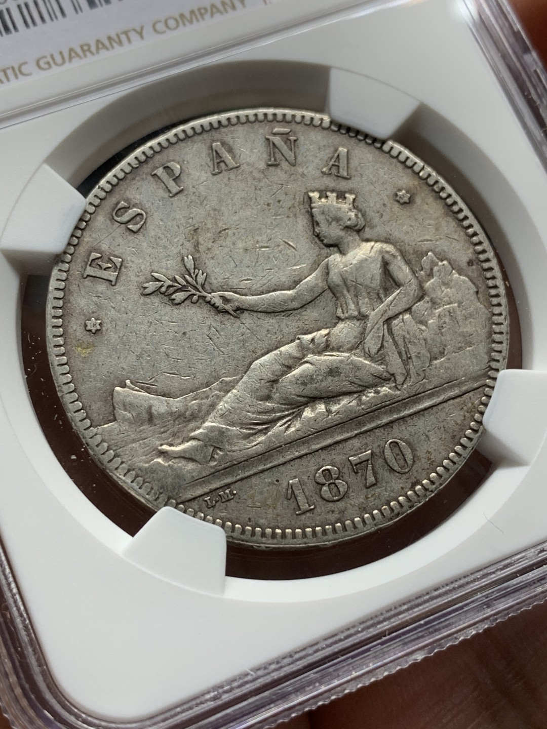 《竞宝斋》第116场-周日，周一 ，2场连拍（全场包邮） NGC-XF45 西班牙1870年 临时政府 5比塞塔拿花 双柱大银币 原味包浆