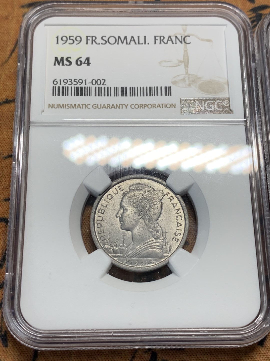 《竞宝斋》第116场-周日，周一 ，2场连拍（全场包邮） NGC-MS62/63/64 法属索马里兰 1959年1法郎、2法郎、5法郎铝币清年份一套三枚