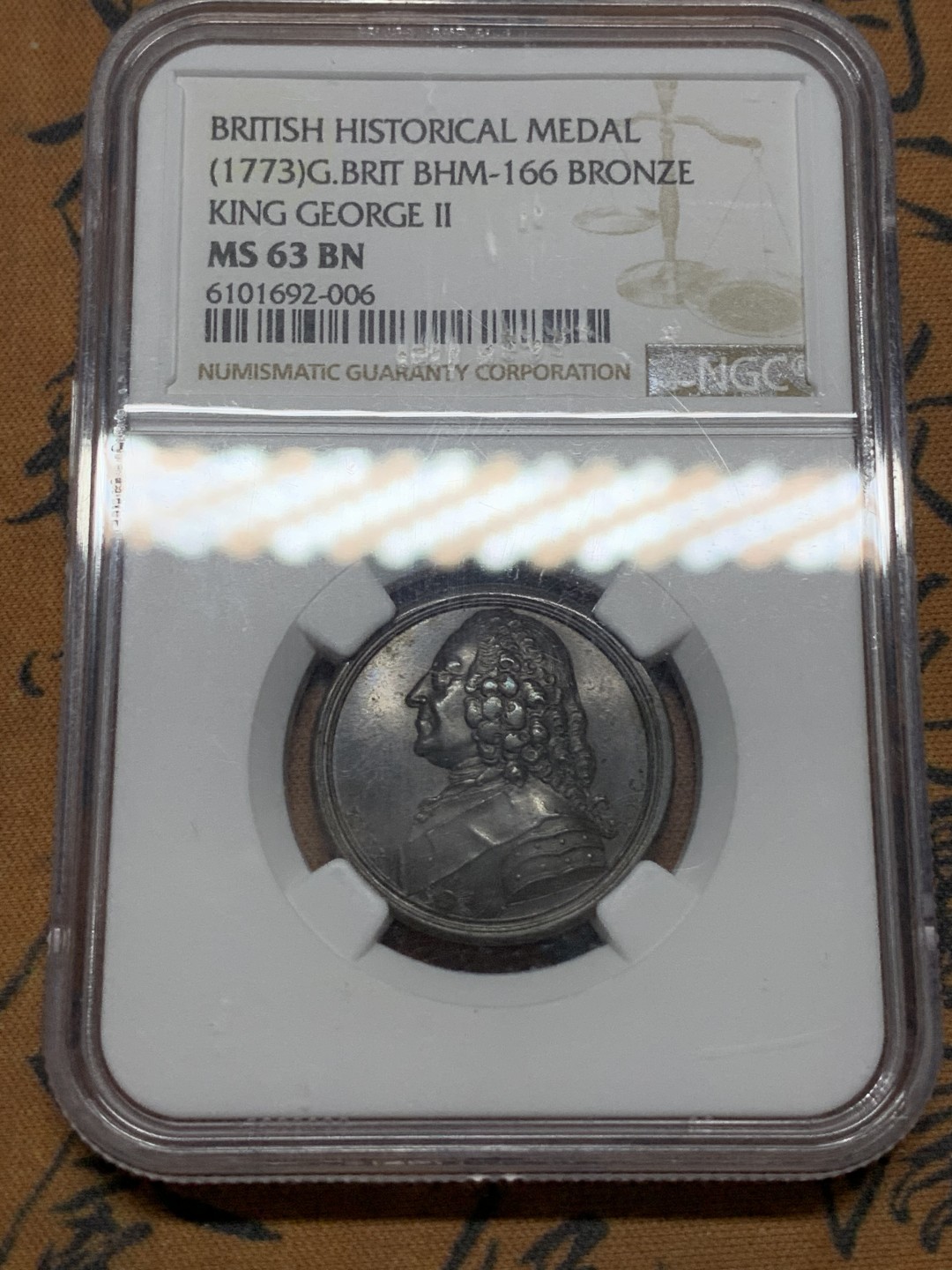 《竞宝斋》第116场-周日，周一 ，2场连拍（全场包邮） NGC MS63BN 英国1773年历史人物纪念铜章之乔治二世国王