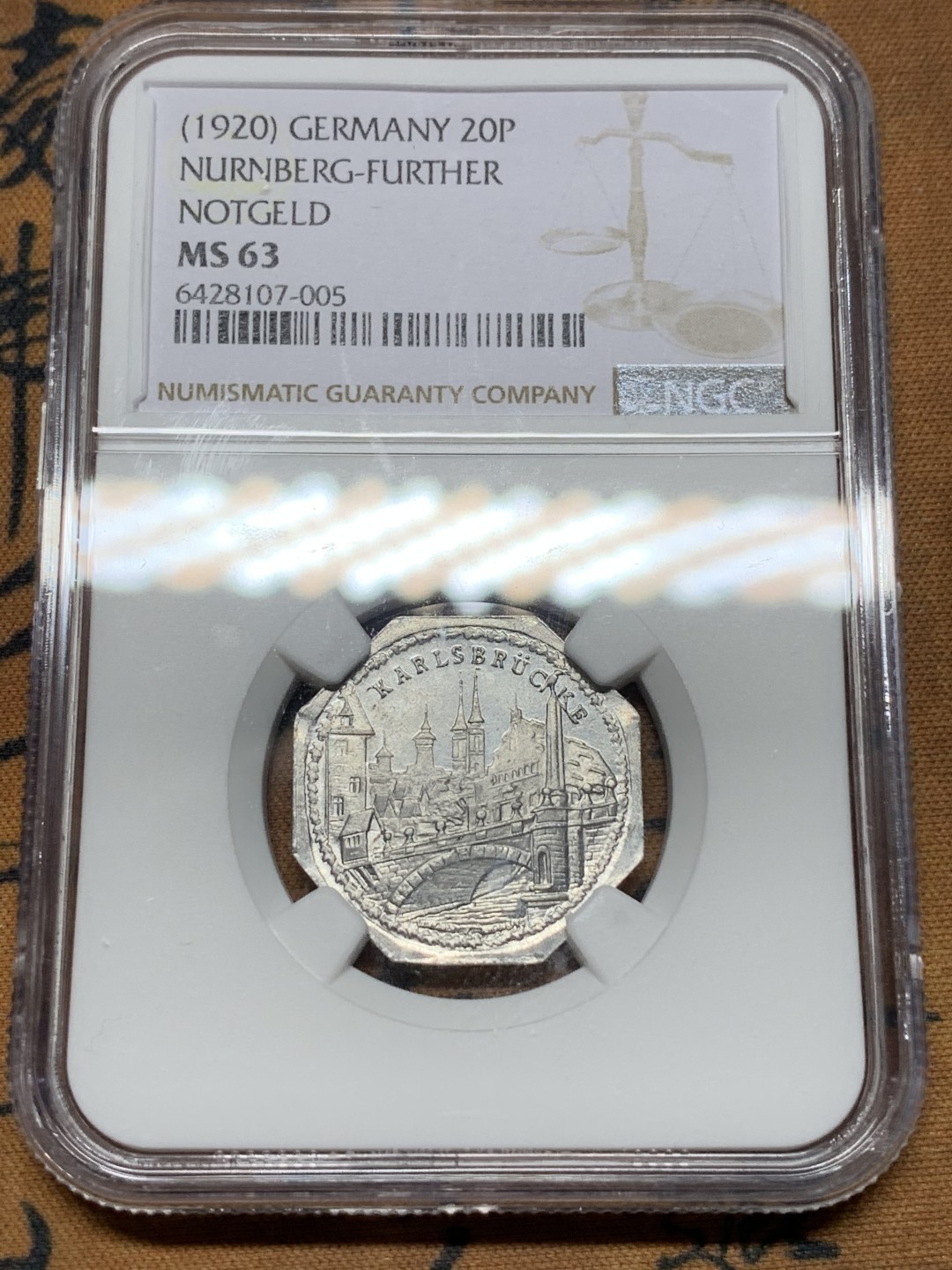 《竞宝斋》第116场-周日，周一 ，2场连拍（全场包邮） NGC MS63 1920年 德国 纽伦堡20芬尼 城市景观币性价比极高的一枚